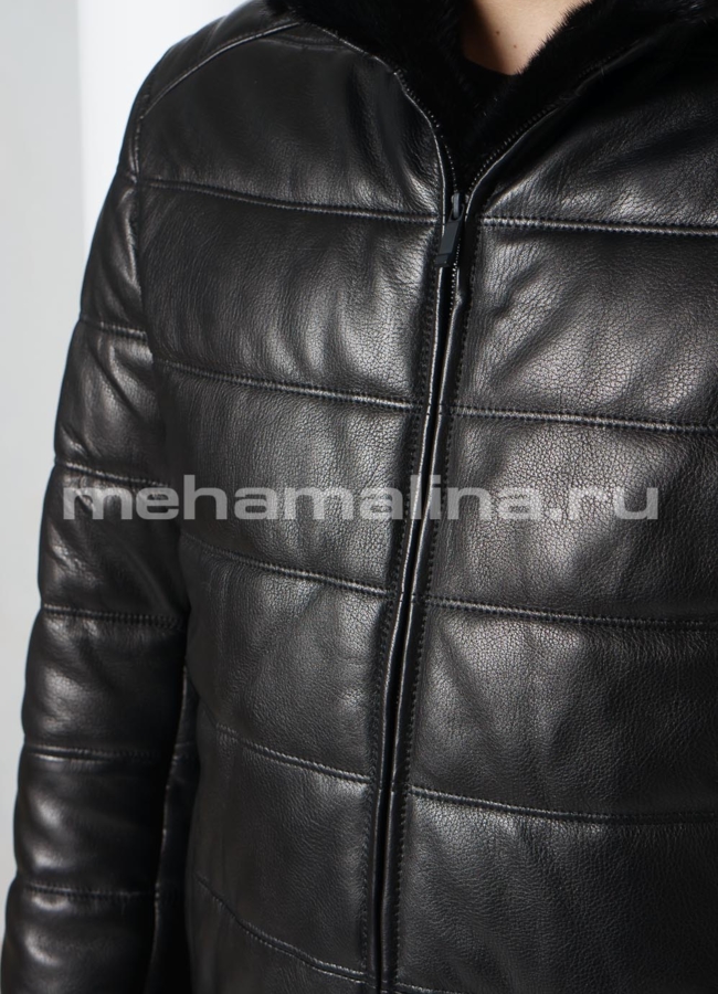 Пуховик из натуральной кожи, со стойкой, на молнии модель № KP-235 универмаг малина