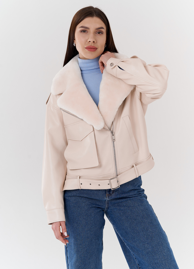 Куртка из эко кожи на утеплителе с натуральным мехом модель № 2273 меха малина