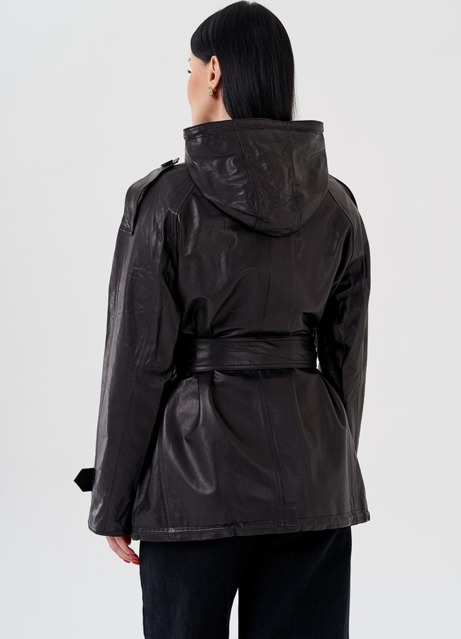 Женская куртка из натуральной кожи с капюшоном  модель № 24090 универмаг малина