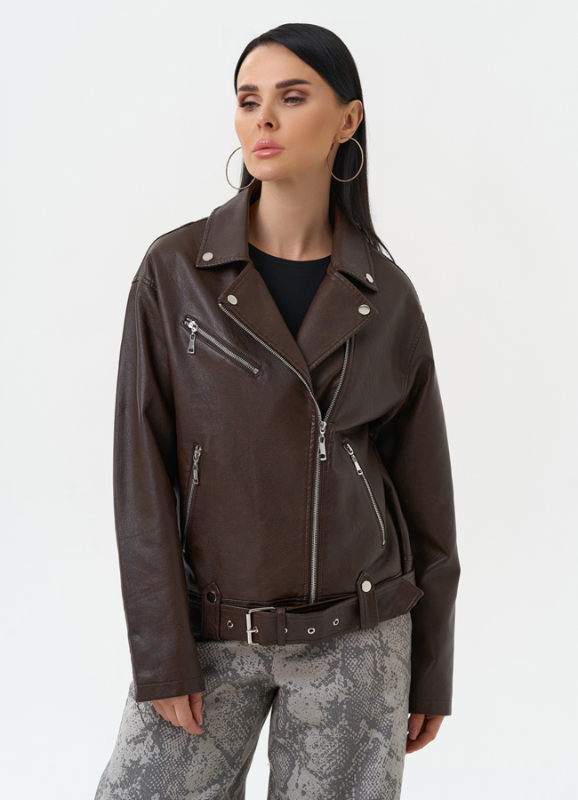 Куртка косуха из эко кожи коричневого цвета модель № 30299 в кредит Куртка косуха из эко кожи коричневого цвета модель № 30299 в кредит