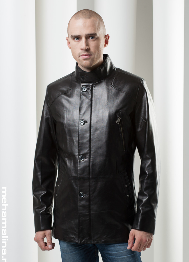Кожаная куртка черная модель № KP-55 меха малина