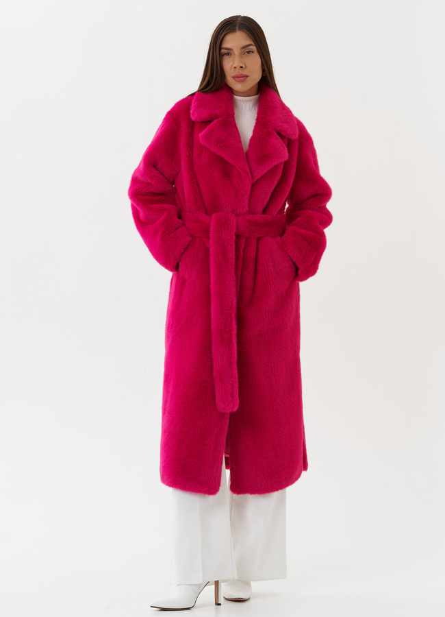 фото Длинное пальто из эко меха розового цвета модель № 27799
