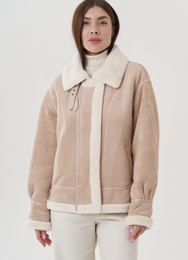 Женская дубленка из эко замши  модель № 25356 меха малина