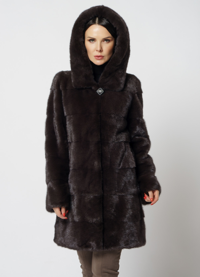 Норковая шуба с капюшоном цвета уголь модель № S-821 в кредит