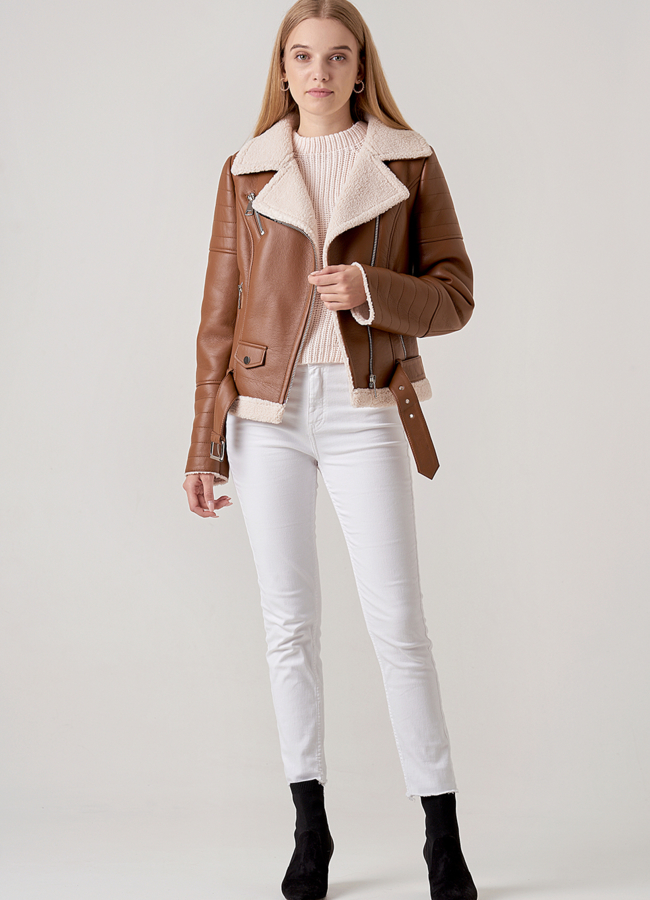 Дубленка из эко меха коричневого цвета модель № 1966 меха малина