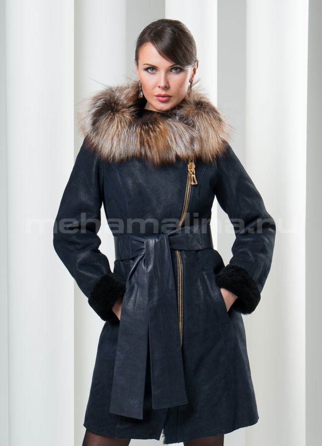 Дубленка на молнии модель № D-82 меха малина