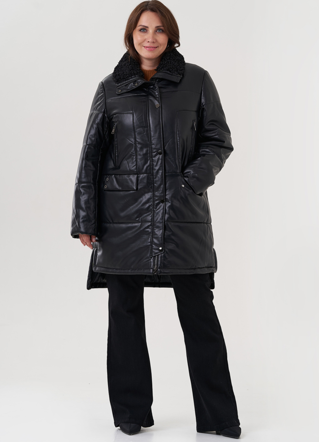 фото Пуховик из эко кожи с отделкой воротника модель № 25344