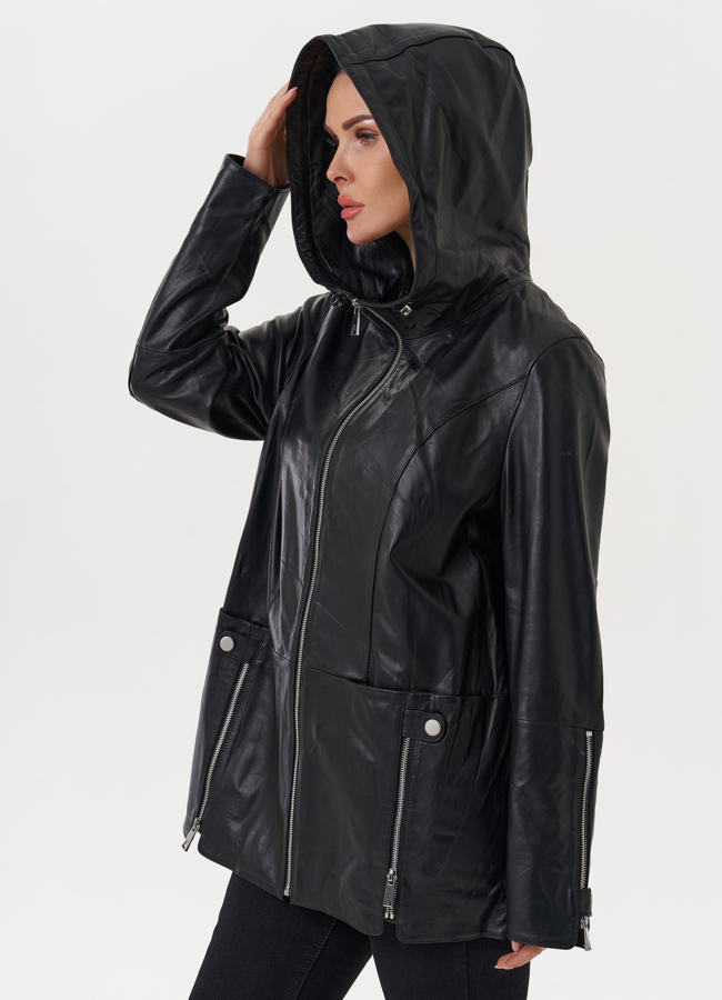 Удлиненная куртка из натуральной кожи с капюшоном модель № 28031 универмаг малина Удлиненная куртка из натуральной кожи с капюшоном модель № 28031 универмаг малина