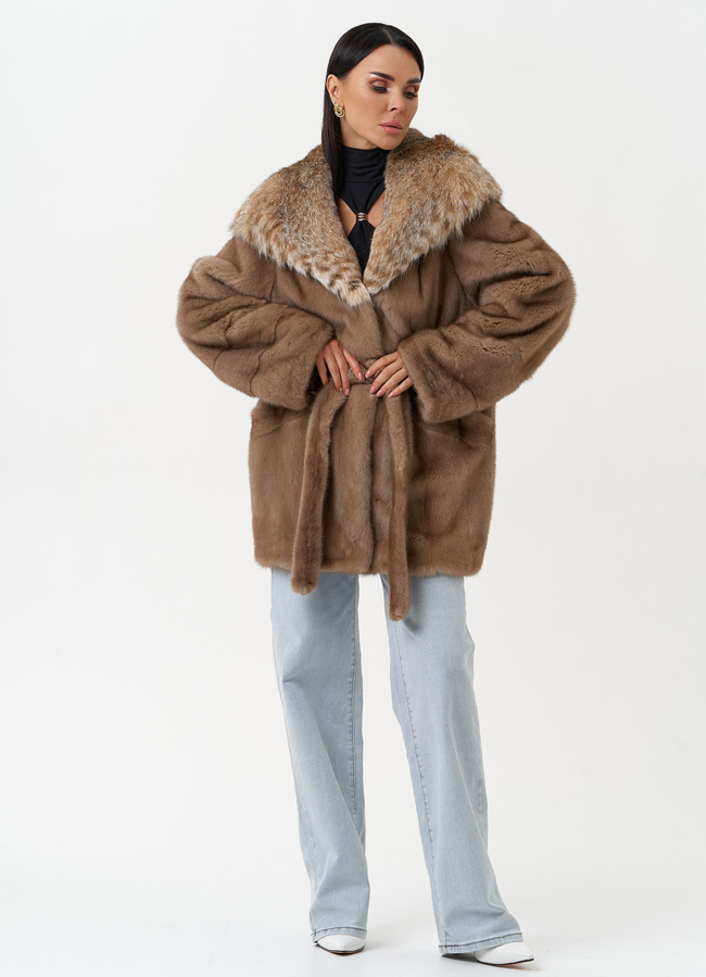 Женская шуба из меха норки с капюшоном из меха рыси модель № 31165 универмаг малина