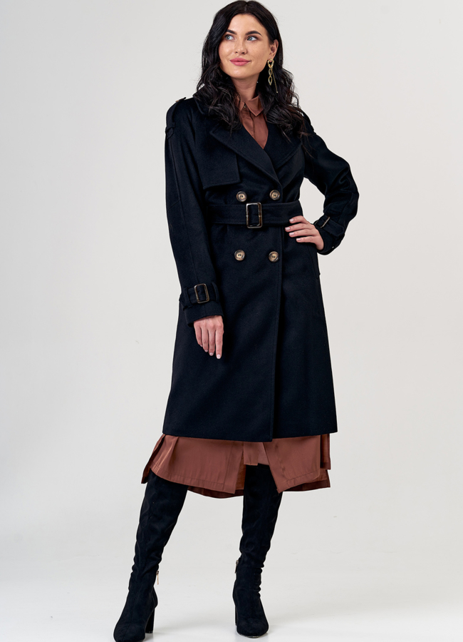 Женское пальто черного цвета с поясом модель № 21346 в кредит