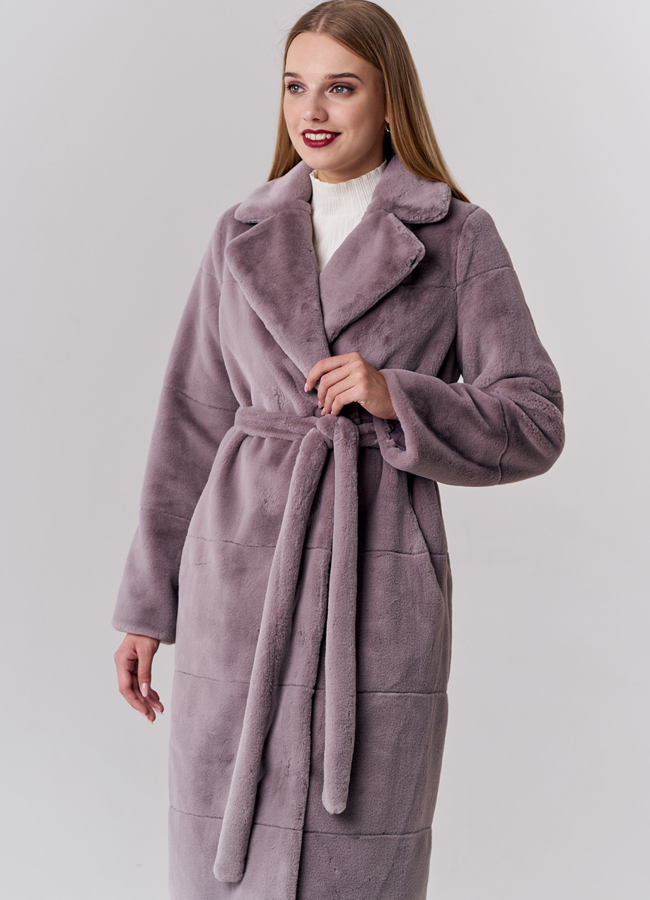 Двустороннаяя шуба из экомеха светло-розового цвета с английским воротником и поясом модель № 21143 меха малина