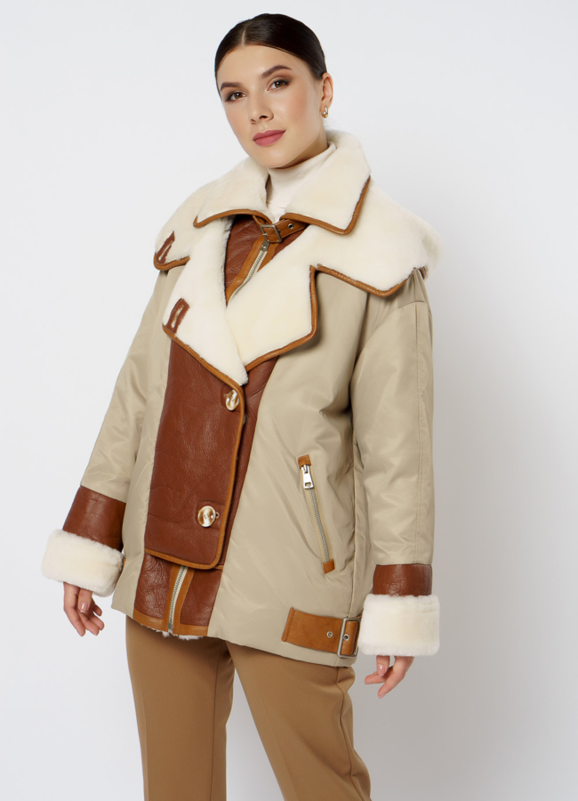 Пуховик комбинированный с кожей модель № 20-111 меха малина