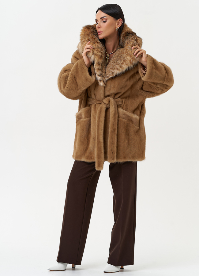 Женская шуба из меха норки с капюшоном из меха рыси модель № 31165 универмаг малина