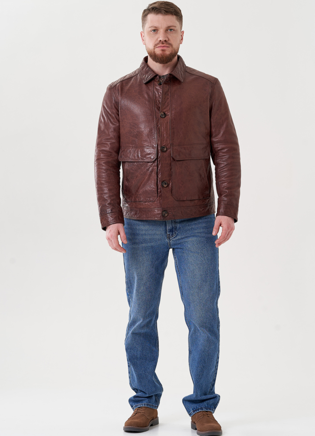 Мужская кожаная куртка  модель № 24440 меха малина