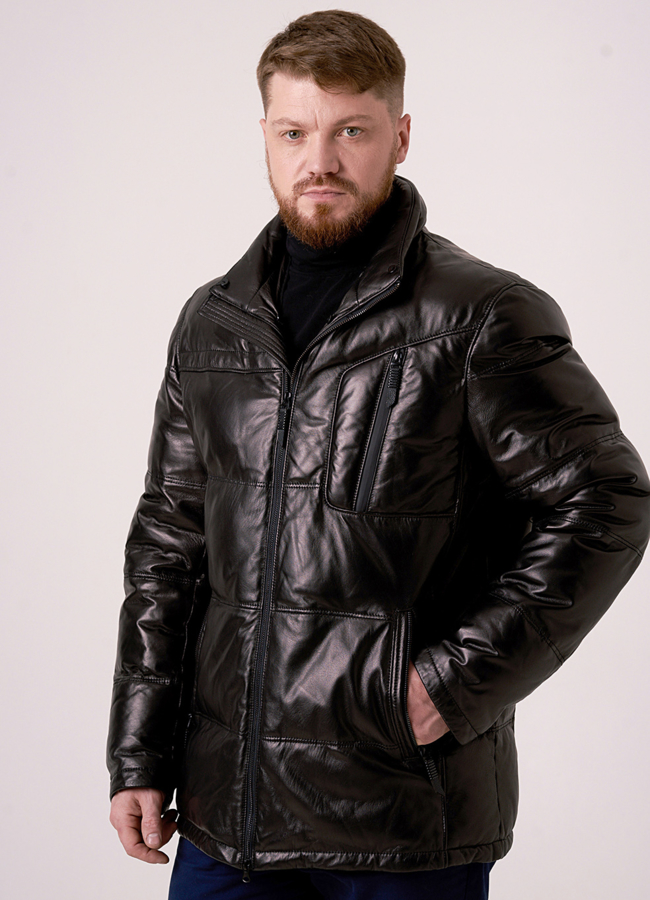 фото Пуховик из натуральной кожи черного цвета со съемным капюшоном модель № 9222