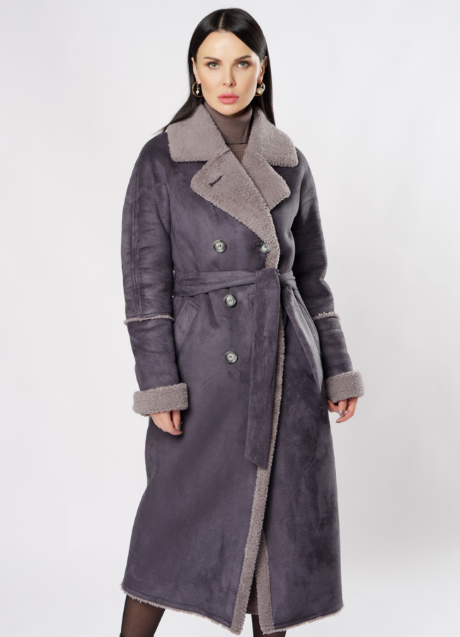 Удлиненная дубленка из эко кожи с поясом модель № 18264 меха малина