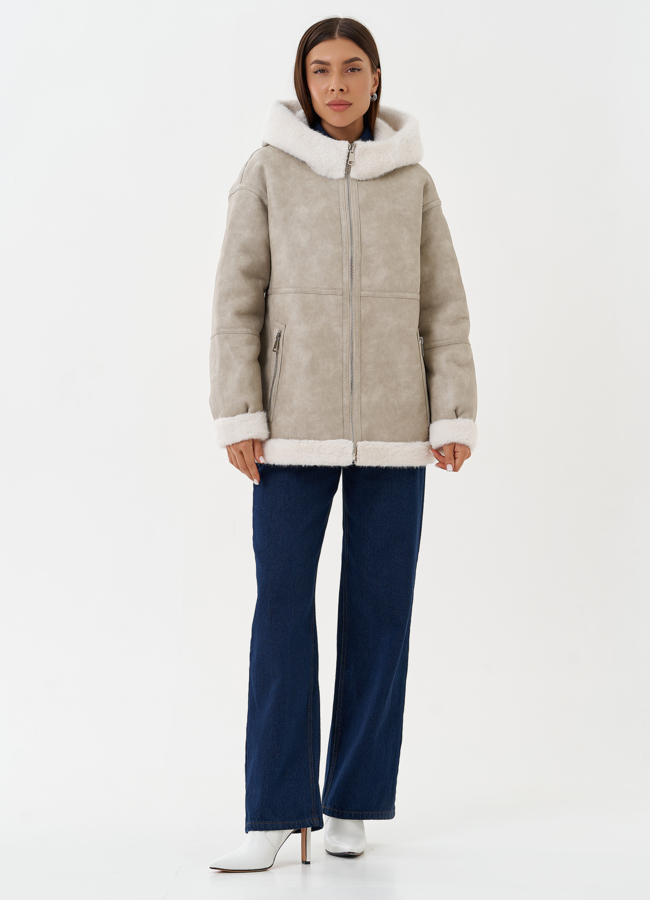 фото Двухсторонняя дубленка с капюшоном модель № 27759