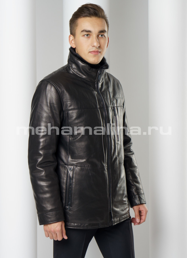 Кожаный пуховик модель № ПМ-96 меха малина