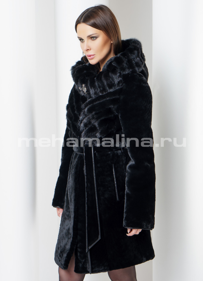 Шуба из мутона с капюшоном модель № S-566 универмаг малина