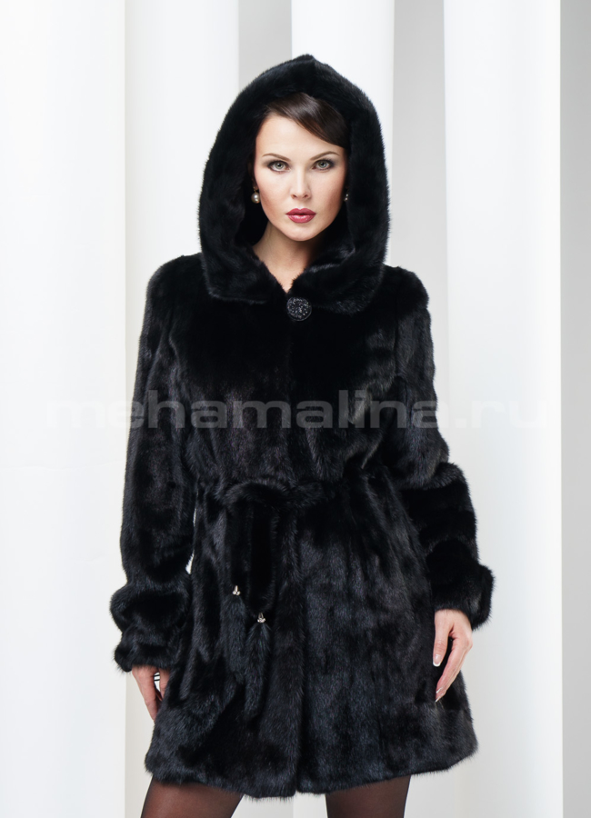 Шуба норка на поясе модель № S-133 меха малина