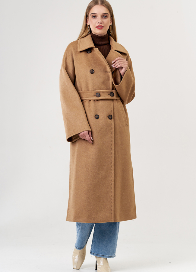 Двубортное женское пальто в длине макси модель № 21347 меха малина