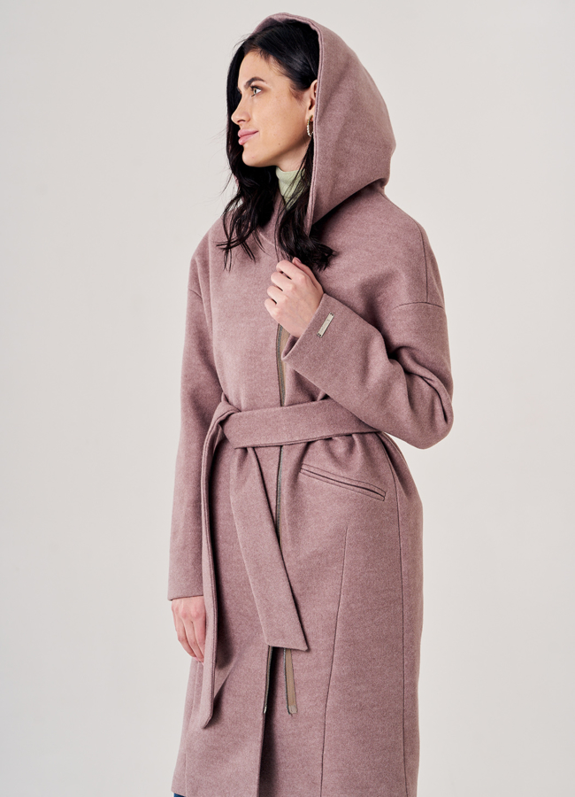 Пальто женское с капюшоном на поясе модель № 20563 в кредит