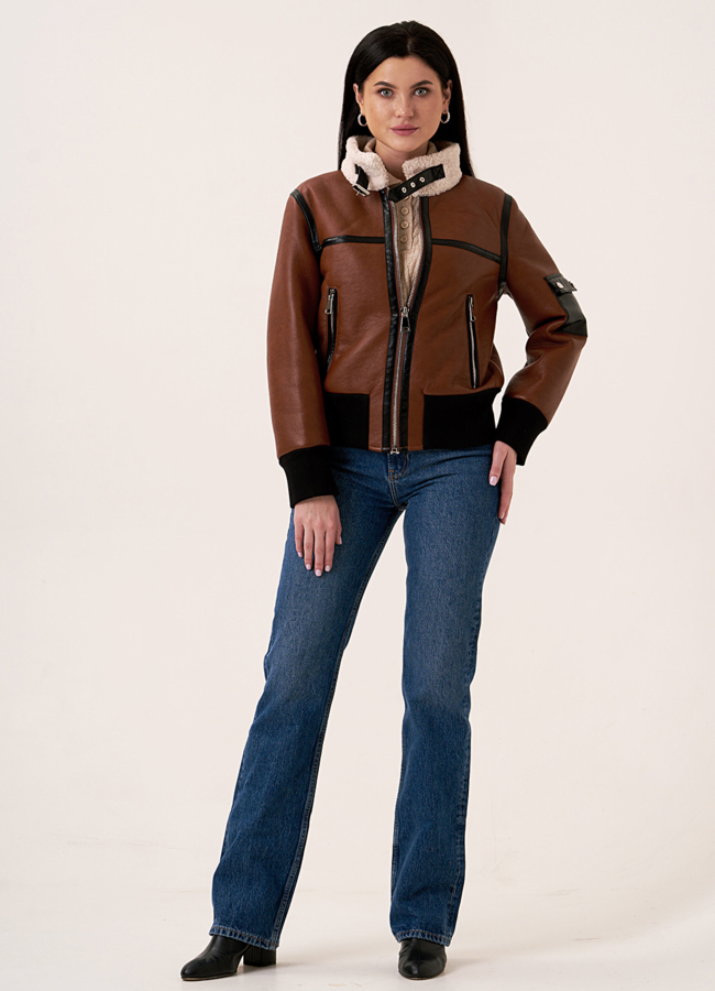 фото Укороченная искусственная дубленка на молнии со стойкой модель № 2051