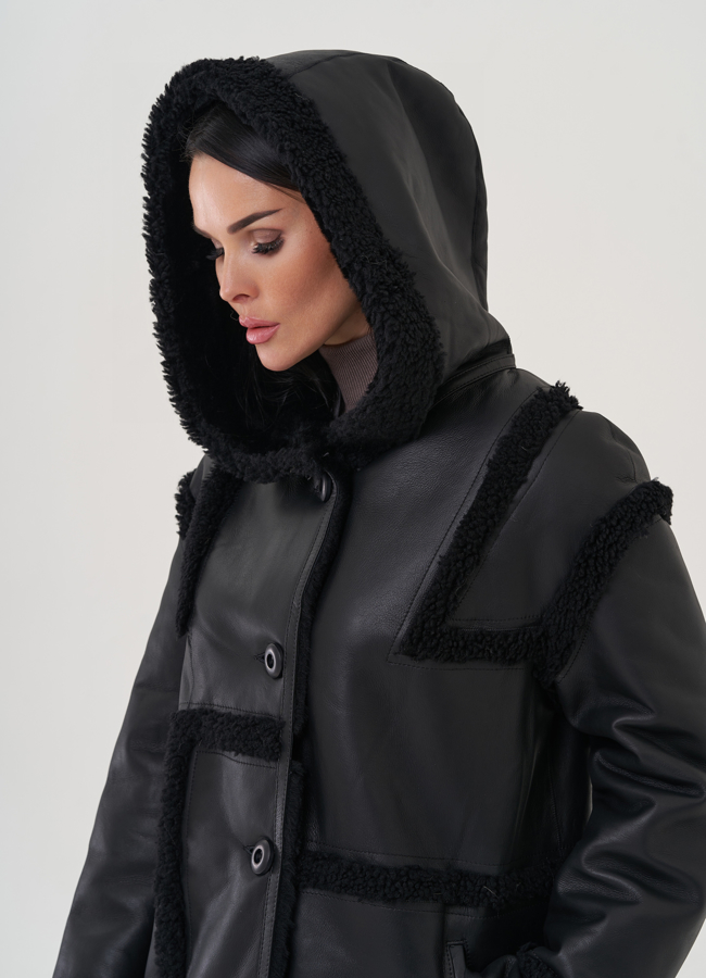 Женская дубленка с капюшоном  модель № 26043 универмаг малина