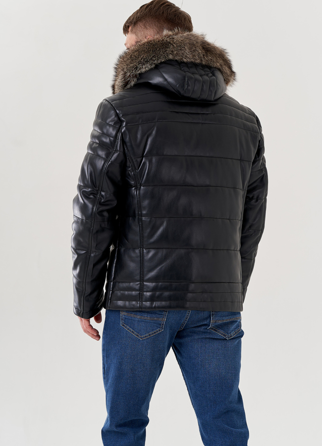 Мужской пуховик из эко кожи с капюшоном  модель № 79602 универмаг малина