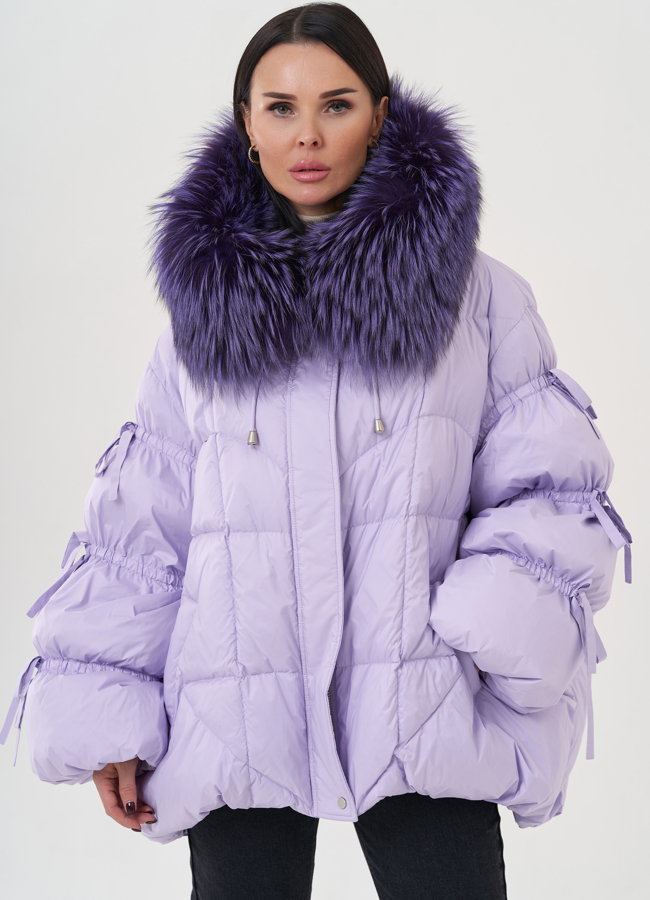 Пуховик женский с капюшоном  модель № 26078 меха малина