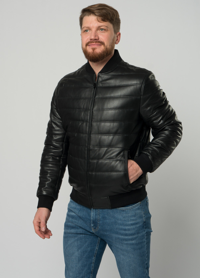 Мужская утепленная куртка-бомбер из натуральной кожи  модель № 18500 универмаг малина