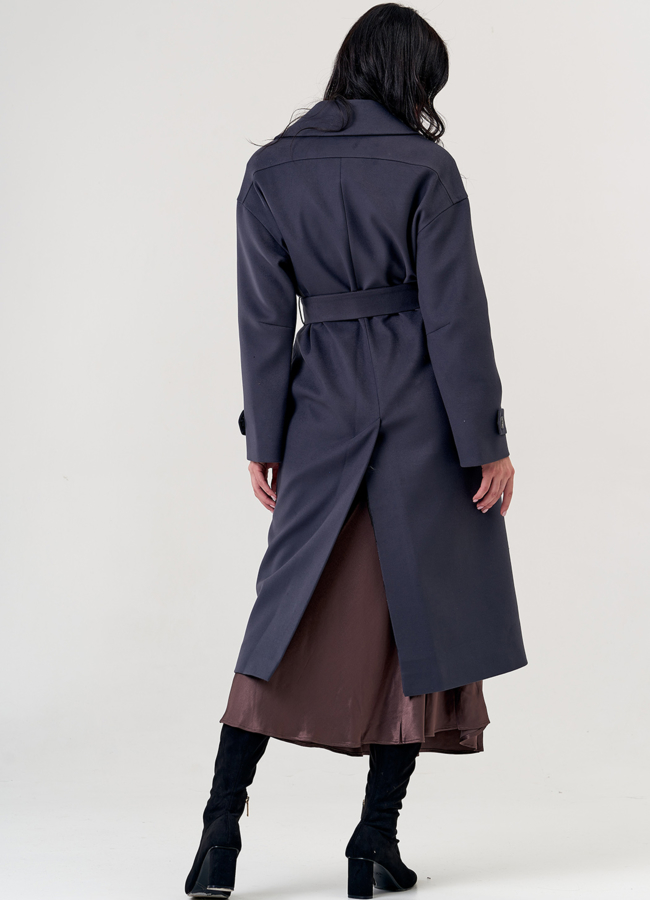 Женское пальто в сером цвете с поясом модель № 21374 в рассрочку