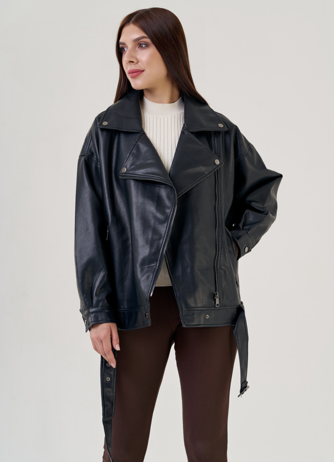 фото Женская куртка оверсайз из эко кожи в черном цвете модель № 22571