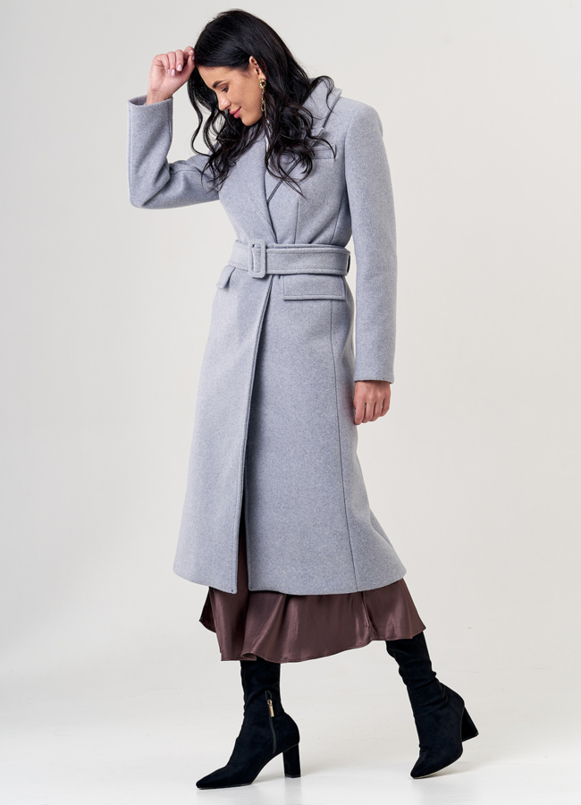 Женское пальто серого цвета с английским воротником модель № 20755 универмаг малина