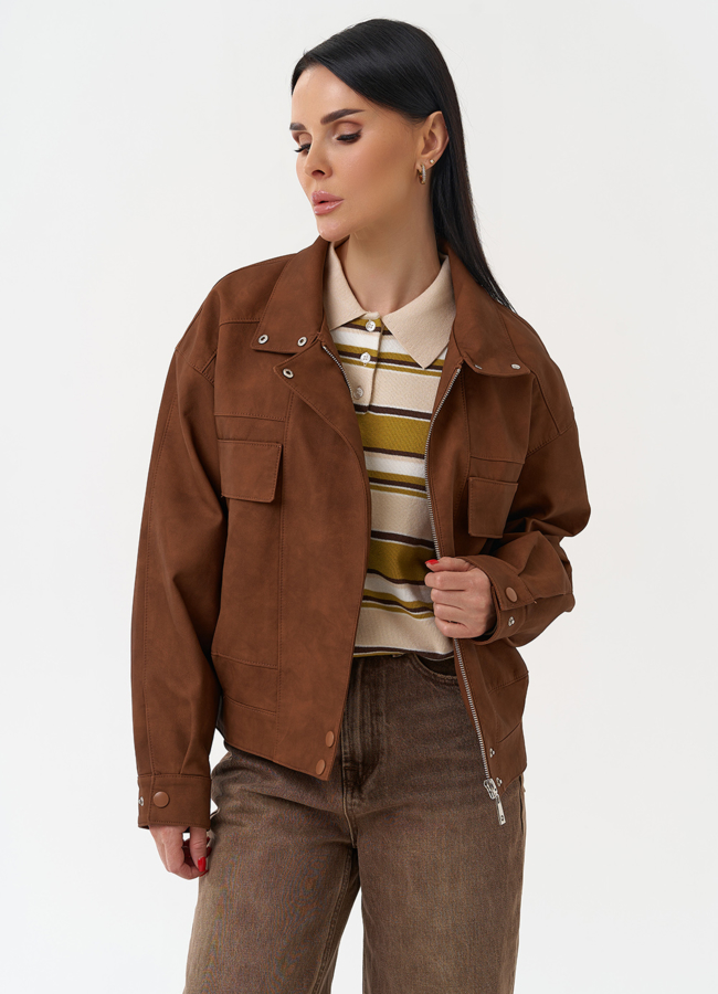 Женская куртка бомбер из эко кожи коричневого цвета модель № 30444 в кредит