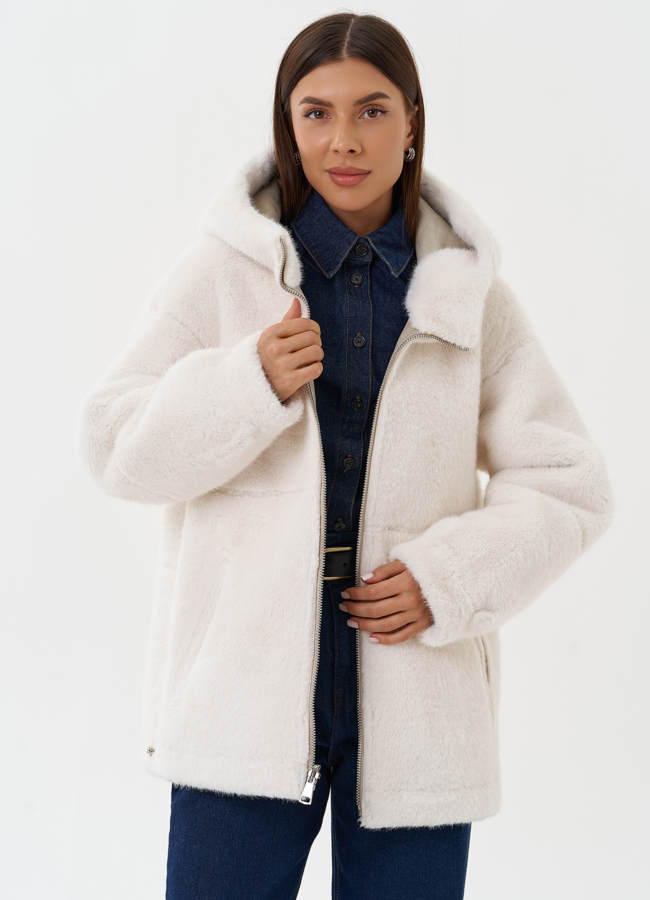 Двухсторонняя дубленка с капюшоном модель № 27759 универмаг малина