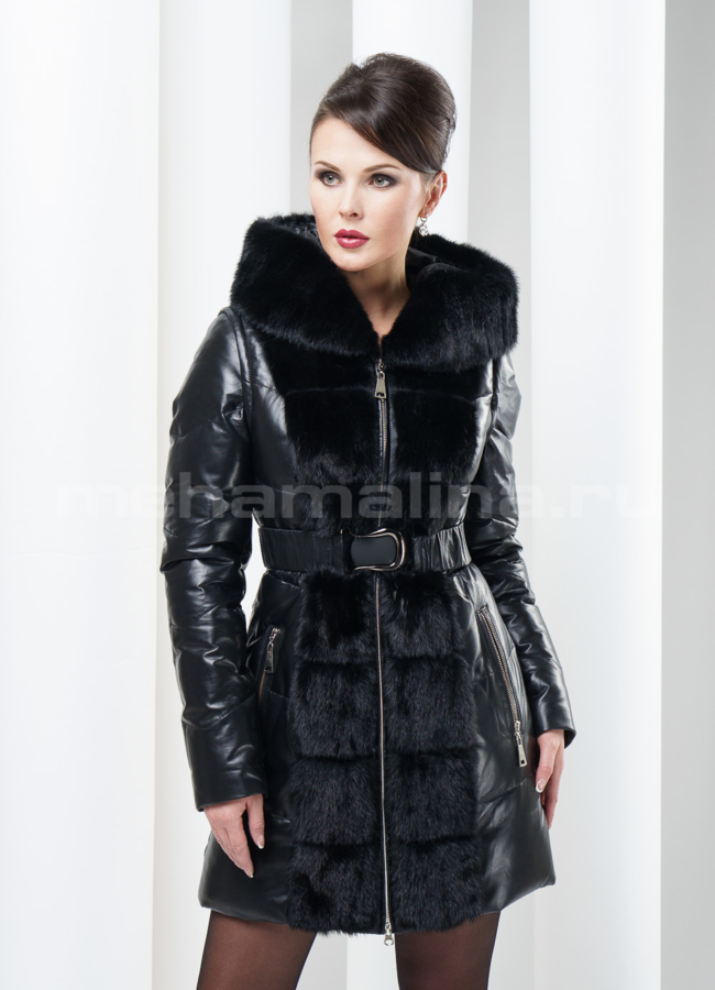 Кожаный  пуховик-жилет с норкой модель № П-28 меха малина