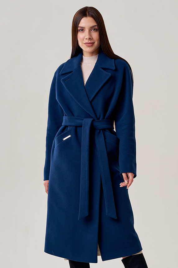 Длинное женское пальто в синем цвете модель № 22944 меха малина