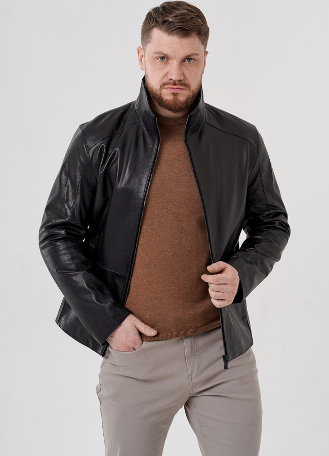 Мужская кожаная куртка  модель № 24404 меха малина