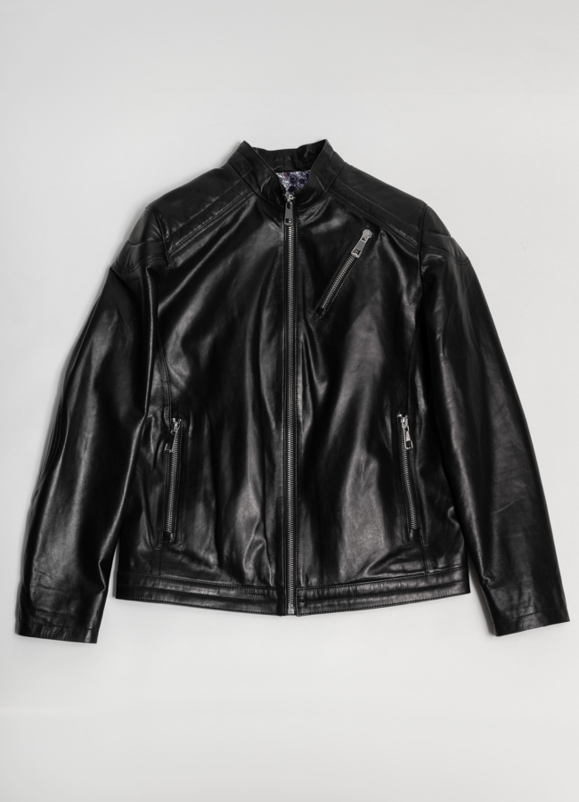 Куртка кожаная черного цвета модель № C-118 меха малина