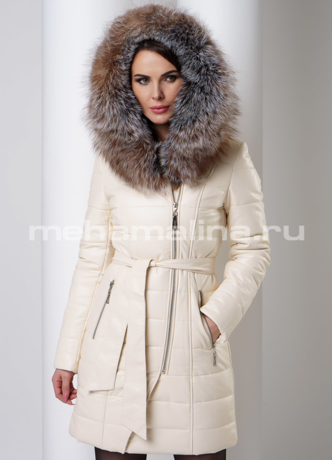 Светлый кожаный пуховик модель № 8779 универмаг малина