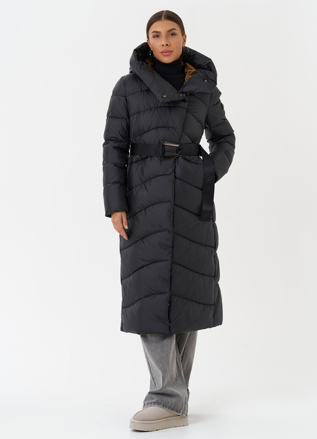 Женский пуховик с поясом модель № 28496 универмаг малина