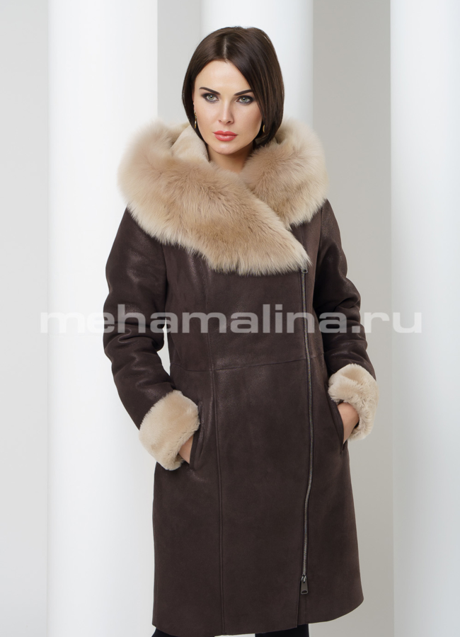 Дубленка с капюшоном модель № D-151 меха малина