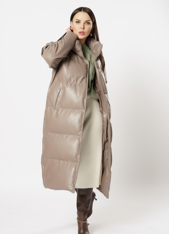 Пальто женское из экокожи бежевого цвета модель № 718-1 универмаг малина