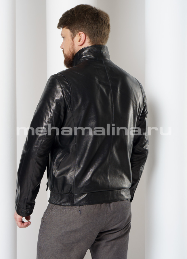 фото Кожаная куртка бомбер черного цвета модель № 9060