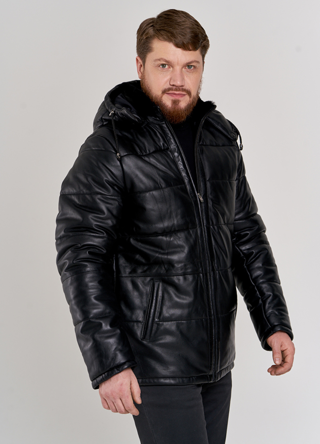 Зимняя кожаная куртка с капюшоном модель № П-511 меха малина