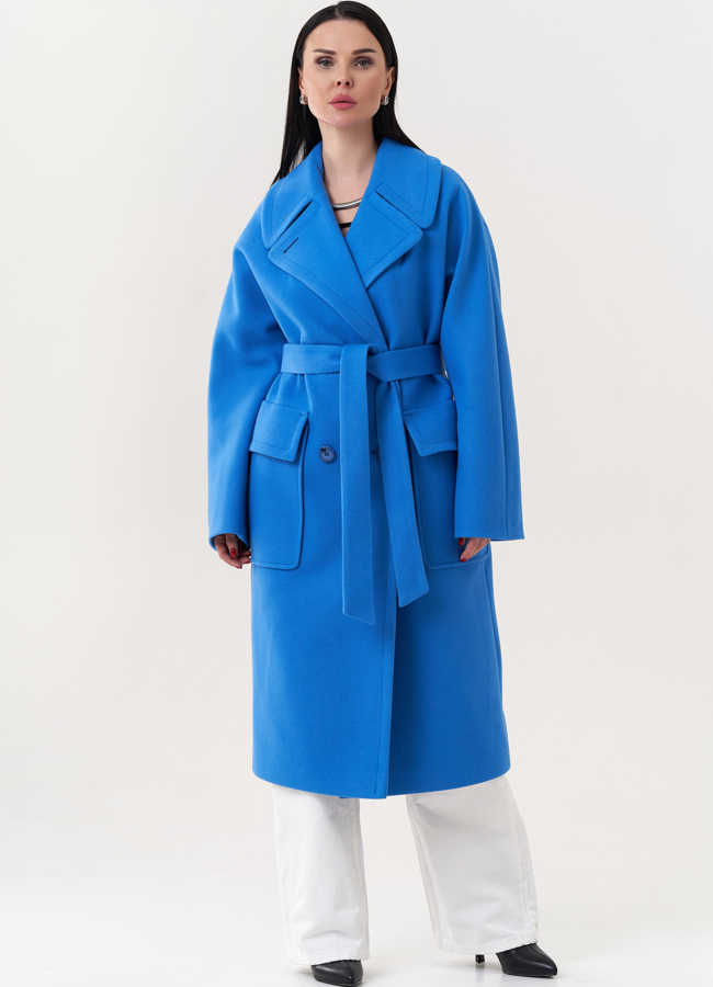 Пальто голубого цвета с английским воротником модель № 26841 меха малина