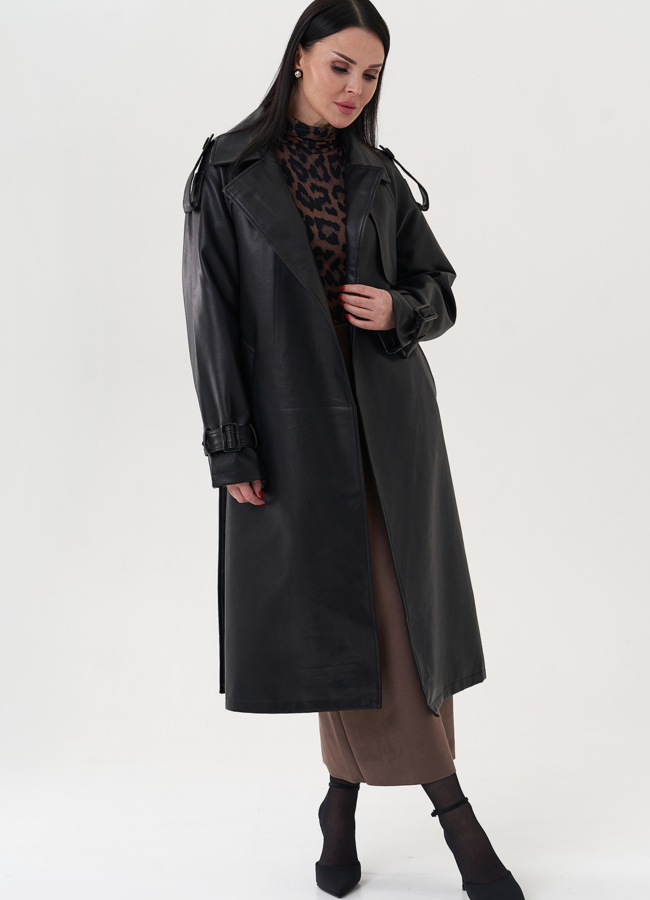 Плащ из эко кожи черного цвета модель № 26737 в рассрочку