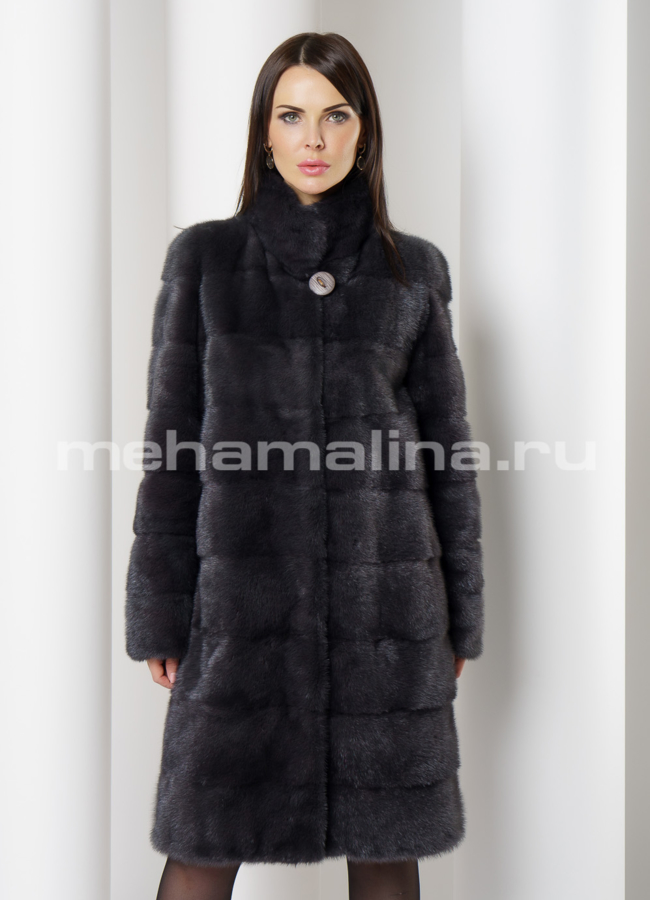 Норковая шуба поперечная в цвете графит, со стойкой модель № S-748 меха малина