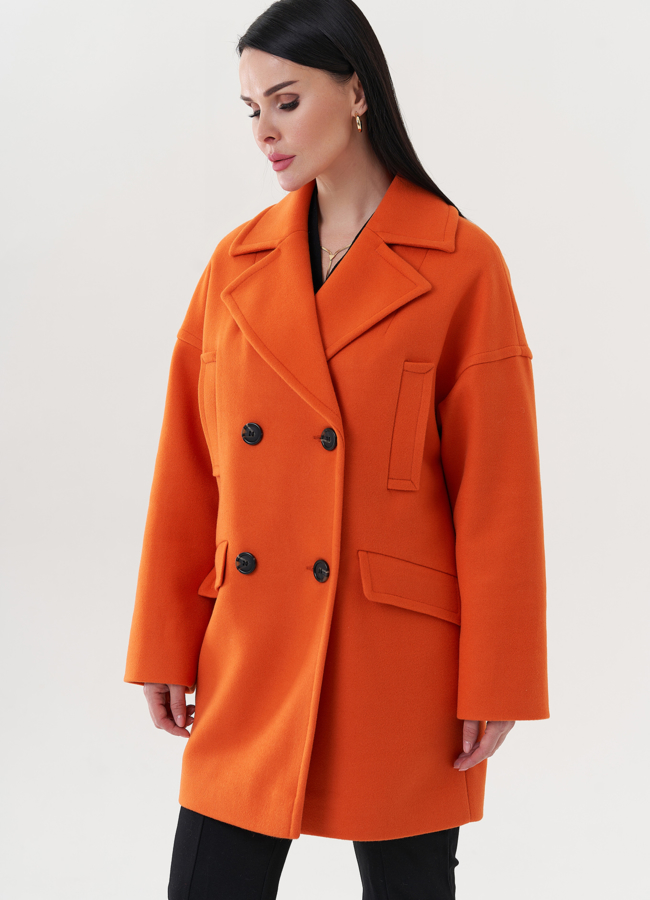 фото Двубортное пальто оранжевого цвета модель № 26783